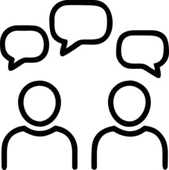 Two outline people figures with speech bubbles above them, conversation icon vector