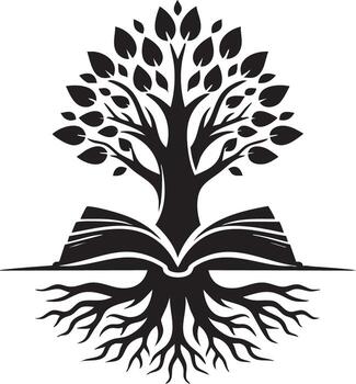 simbólico árbol de conocimiento creciente desde abierto libro raíces sabiduría y educación concepto vector