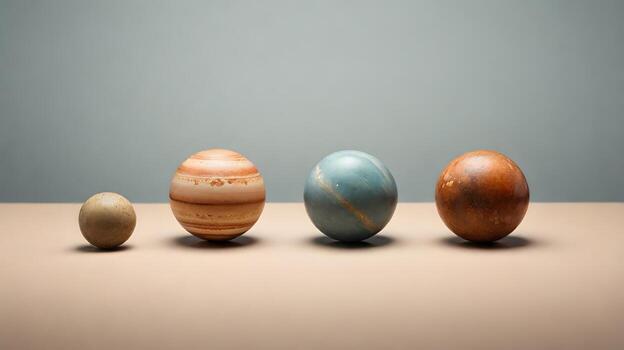 Four Spherical Objects Displayed on a Neutral Surface with Varying Textures photo