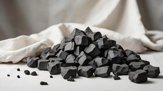 Artistic Pile of Charcoal Blocks on White Surface with Soft Fabric Backdrop photo