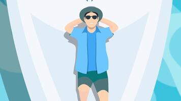 Vacation flat animation background loop showing a man relaxing on boat with bird shadows passing above, reflective sea waves, and wooden bridge. 4K animated for travel background template and nature. video