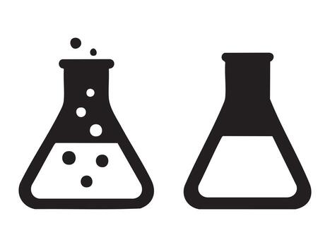 negro silueta de química laboratorio matraces con burbujas, aislado en blanco fondo, gráfico ilustración. concepto de ciencia, experimento, laboratorio, icono, logo, diseño elemento vector