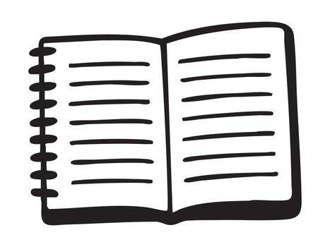 Black silhouette of spiral notebook with open pages, isolated on white background, graphic illustration. concept of writing, stationery, paper, icon, note-taking, design element vector