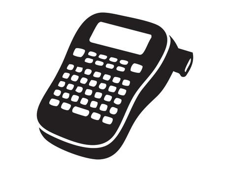 Black silhouette of label maker machine with keyboard on white background. concept of office equipment, printing device, design element, productivity, workspace icon vector