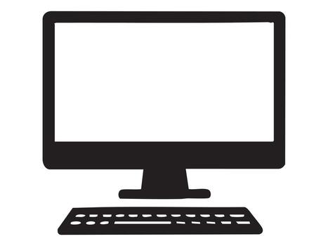 Black silhouette of desktop computer with monitor and keyboard isolated on white background. concept of technology, gadget, icon, office equipment, design element vector