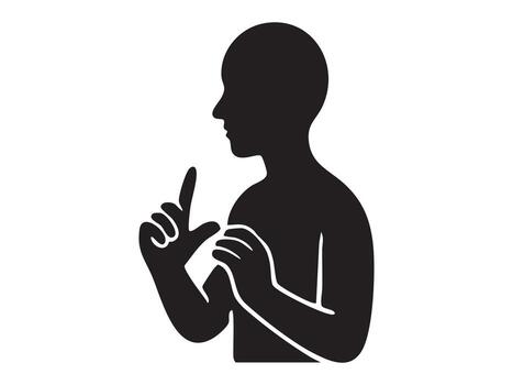 negro silueta de persona en lado ver gesticulando con manos, aislado en blanco fondo, gráfico ilustración. concepto de comunicación, humano gesto, expresión, diseño elemento vector