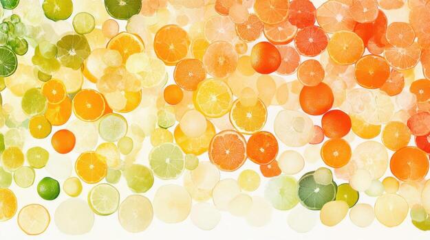 Colorful citrus slices, layered and overlapping, against a white background. A vibrant display of citrus photo