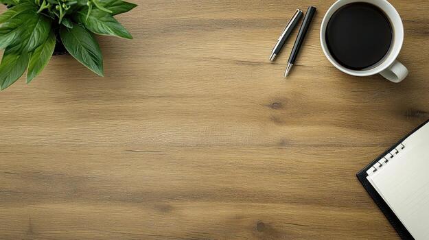 Workspace with coffee, plants, and notebook photo