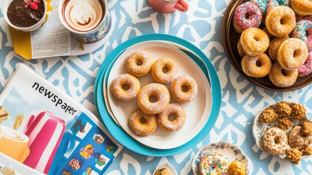 Assorted donuts and drinks on a patterned tablecloth photo