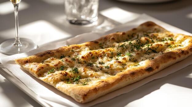 Rectangular flatbread topped with cheese and herbs photo