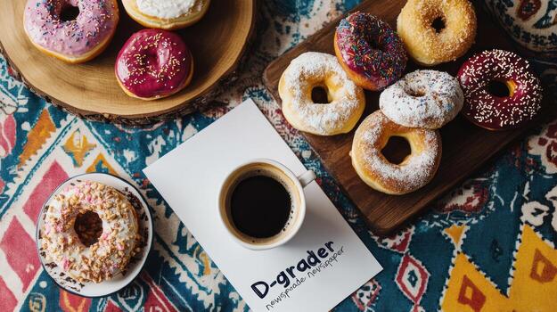 Assorted donuts and coffee on a patterned tablecloth photo