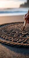 Drawing mandala art on beach sand using paintbrush during sunset photo