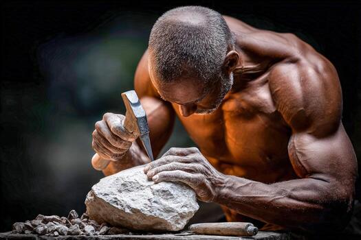 Sculptor chipping stone with hammer and chisel in studio photo