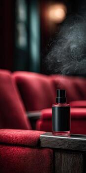 Perfume bottle emitting vapor in an empty movie theater photo