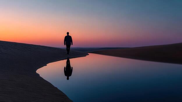 Man walks along sand dune next to still water at Dusk photo
