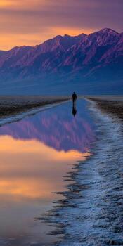 Person walking on Badwater Basin with mountains reflected photo