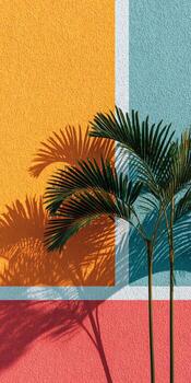 Palm tree against colorful wall with shadow photo