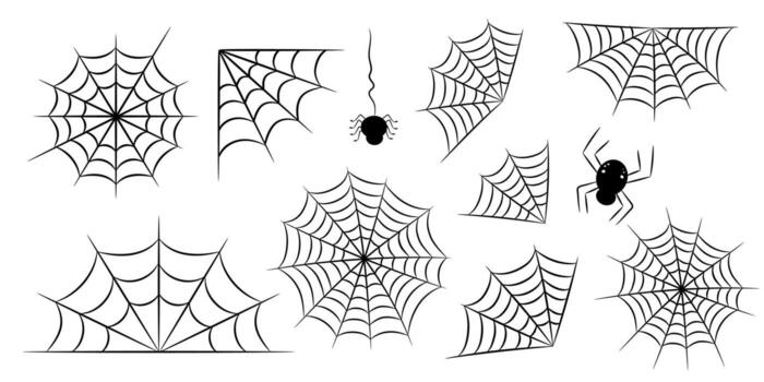 Halloween spider web set. Spiderweb desing elements - frame, border, corner for Helloween decor. Spooky illustration. Isolated on White Background. Cute Insect Element Set. vector