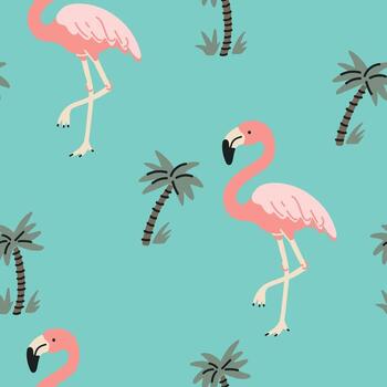 Tropical seamless pattern with pink flamingos and palm trees on a turquoise background. vector