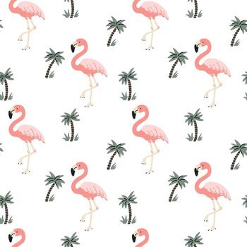 Tropical seamless pattern with pink flamingos and palm trees on a white background. vector