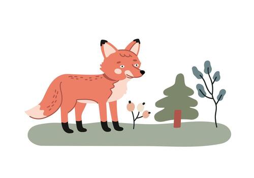 illustration of a cartoon fox standing in front of a simple forest with a small tree and berry bush. vector
