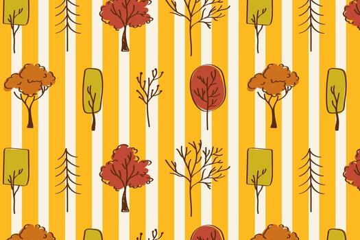 Autumn tree pattern with yellow stripes. Repeating pattern of stylized fall trees over vertical yellow and white stripes. Great for seasonal wrapping paper, fabric prints vector