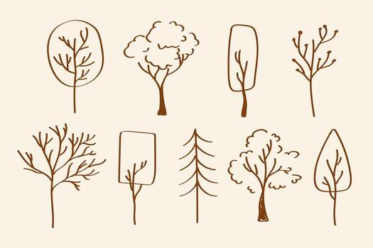 Set of outline bare trees in minimalist style on beige background. Doodle style, suitable for seasonal illustrations, graphics on nature or botanical themes. vector