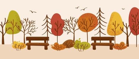 horizontal otoño frontera con parque bancos y vistoso arboles un horizontal otoño frontera con dibujos animados árboles, bancos, y arbustos diseñado para pancartas, encabezados, y decorativo web elementos. vector