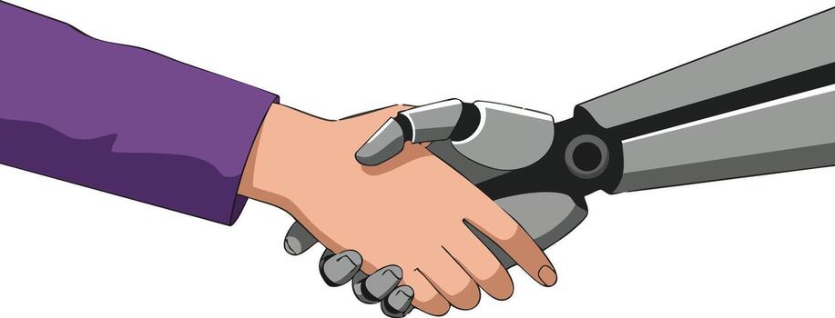 humano mano sacudida robótico mecánico mano simbolizando tecnología colaboración y innovación en futuro industrias vector