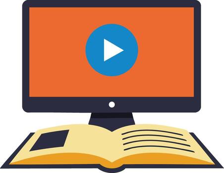 Computer monitor with play button and open book symbolizing online learning and digital education concepts illustration vector