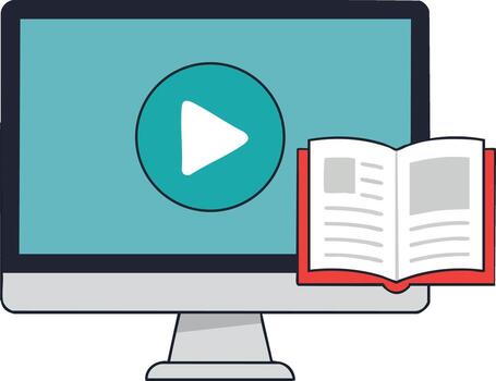 Computer screen with play button and open book for online education and e-learning concept illustration vector