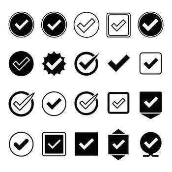 art of a collection of green check marks in circles and squares, symbolizing confirmation and choices vector