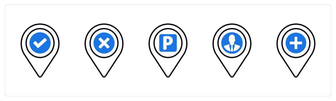 A set of 5 mix icons as checkmark, delete, parking spot in blue color vector