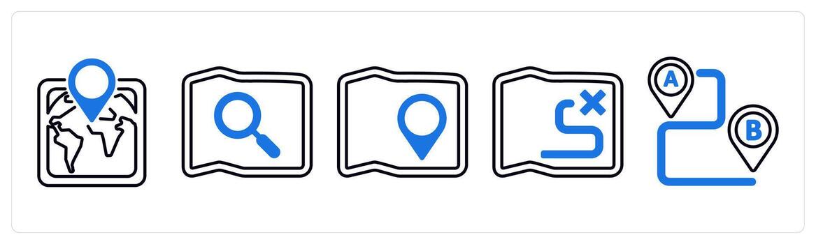 A set of 5 mix icons as location, search map, map in blue color vector