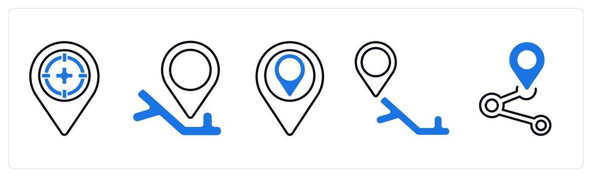 A set of 5 mix icons as target location, city map, navigation in blue color vector