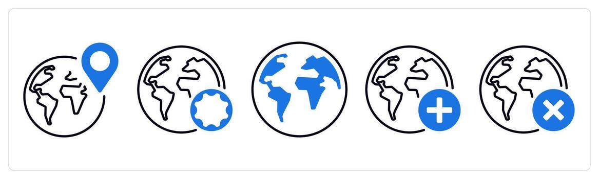 A set of 5 mix icons as location, map settings, global in blue color vector