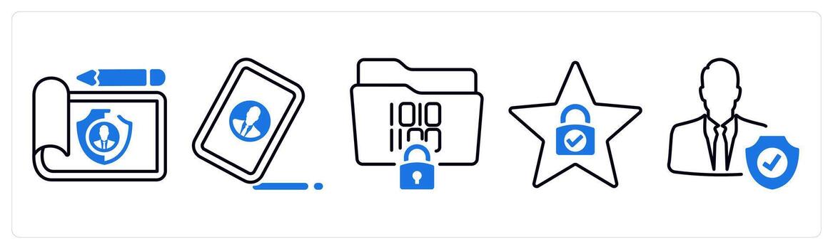 A set of 5 mix icons as protected document, contact register, programming in blue color vector