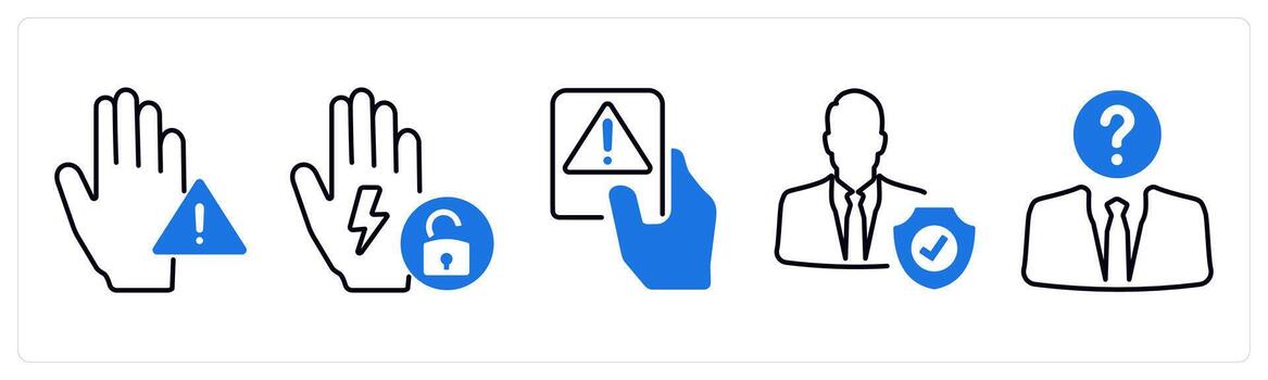 A set of 5 mix icons as penality, security shield, alert in blue color vector