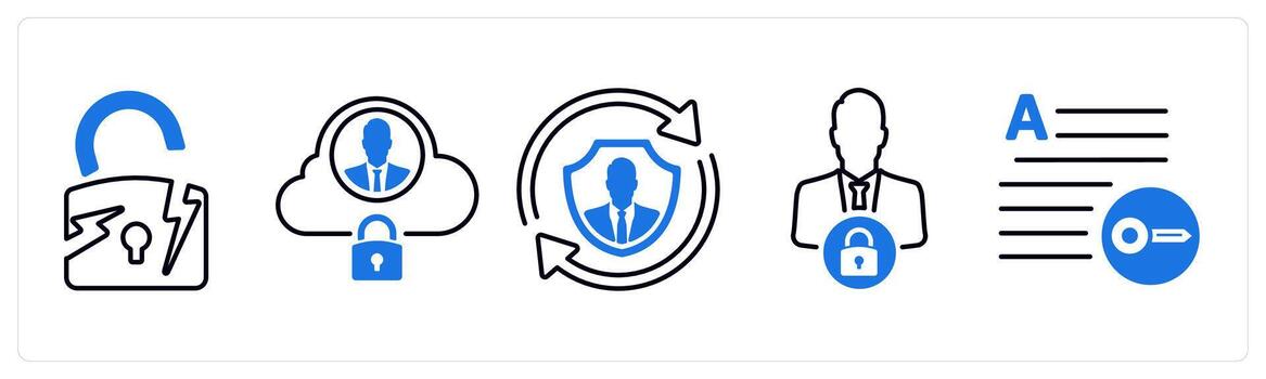 A set of 5 mix icons as security break, cloud security, update security in blue color vector