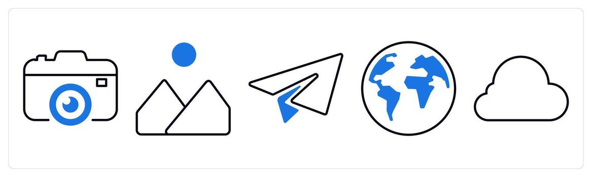 A set of 5 mix icons as camera, mountain, send in blue color vector