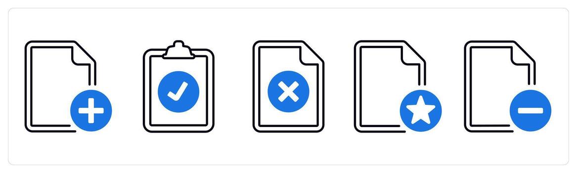 A set of 5 mix icons as add document, clipboard, delete in blue color vector