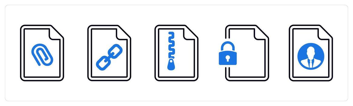 A set of 5 mix icons as attachment, link, zip file in blue color vector