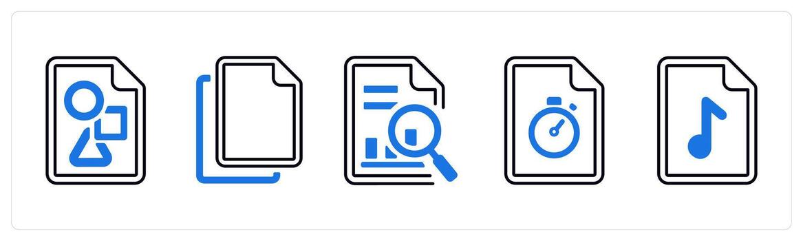 A set of 5 mix icons as project document, duplicate, data search in blue color vector