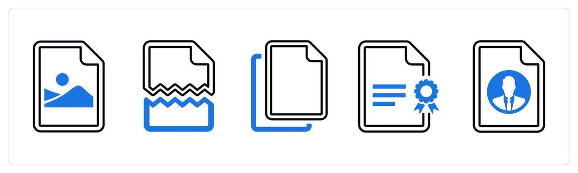 A set of 5 mix icons as picture document, damaged, duplicate in blue color vector