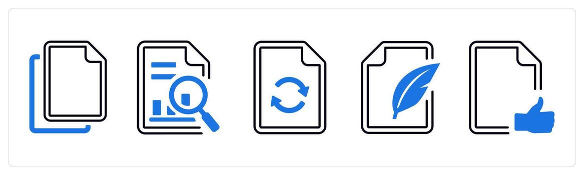 A set of 5 mix icons as duplicate, data search, update in blue color vector