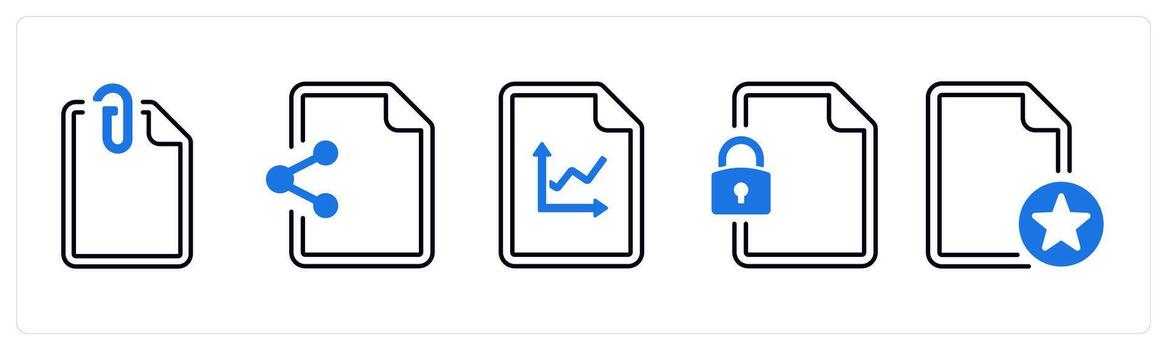 A set of 5 mix icons as attachment, share, graph in blue color vector