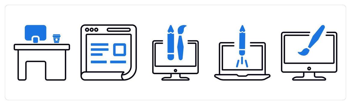 A set of 5 mix icons as office desk, webpage details, custom design in blue color vector