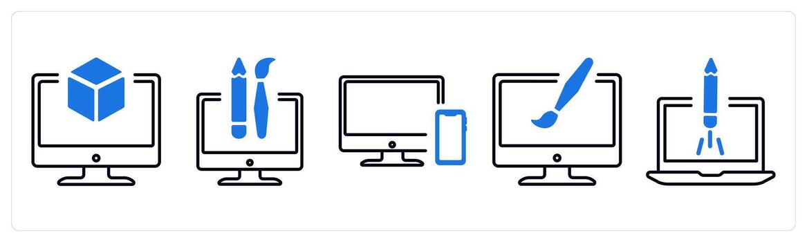 A set of 5 mix icons as 3d, custom design, responsive in blue color vector