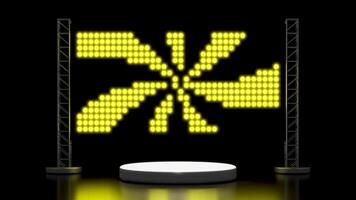 3D render of a luminous dot-matrix display screen on a truss structure, showing a star-like abstract shape with radiating arms. A white round pedestal sits below on a dark stage with reflections. video