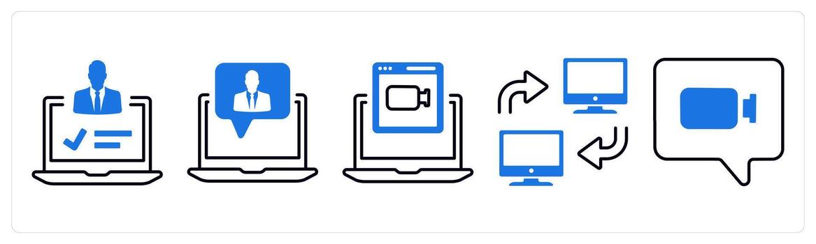 A set of 5 mix icons as user profile, online user, online camera in blue color vector